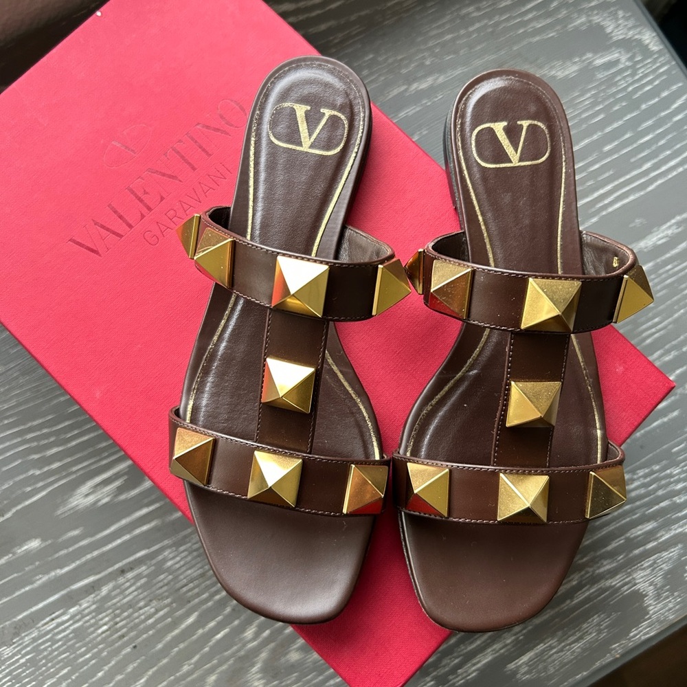 Valentino Dark Brown Sandals with Gold Accents